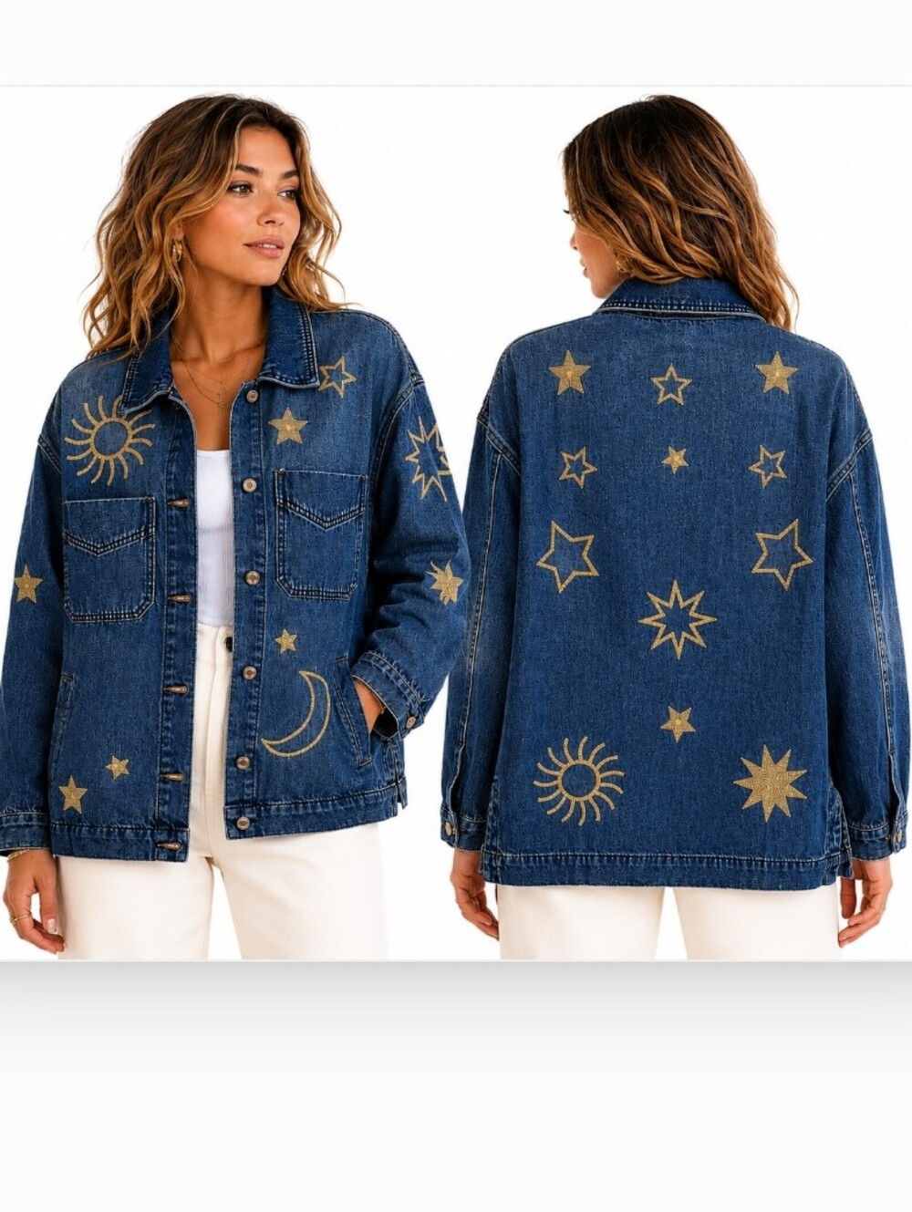 Loveimgs Celestial Embroidered Denim Jacket Moon Star Sun Medium NWT Stargirl